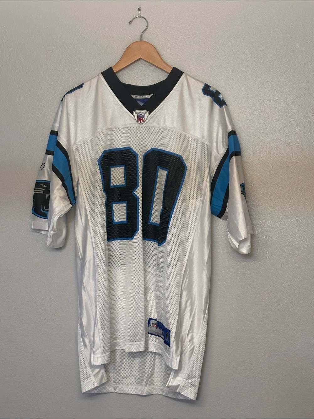 Reebok White and Blue #80 Panthers Jarrett Football Jersey